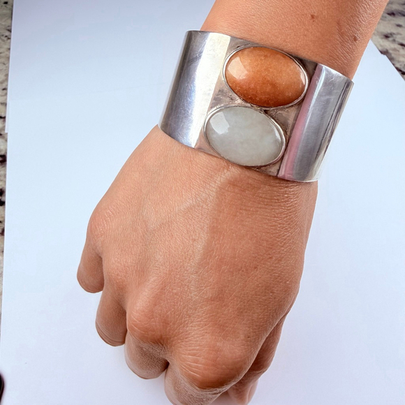 Artisan BIG Orange & Pale Jade Handmade 35mm Wide Sterling Silver Cuff Bracelet - Picture 6 of 11